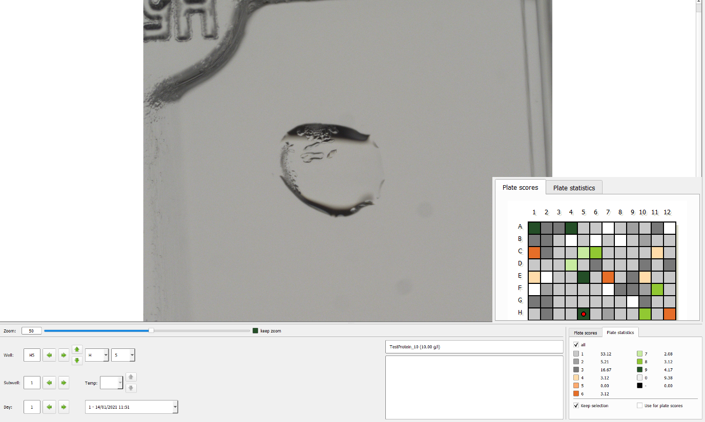 GemViewer application showing a protein crystal next to plate scores